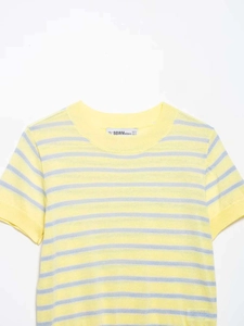 Close-up of crew neck and woven label on yellow and grey striped knit sweater shirt