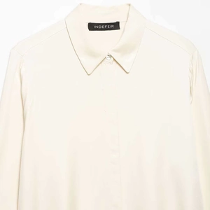 Elegant cream satin long sleeve shirt with classic pointed collar and subtle glossy finish