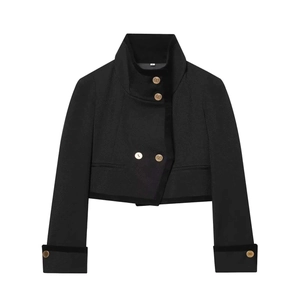Chaqueta Americana Corta Negra Elegante para Mujer Cuello Alto para Oficina con Botones Dorados Manga Larga de Poliéster