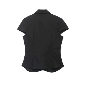 Back view of a black slim fit short sleeve shirt with princess seams and curved hemline