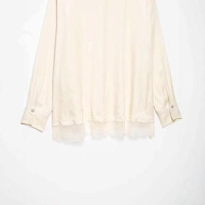 Elegant off-white satin long sleeve shirt with exquisite lace trim hem for women