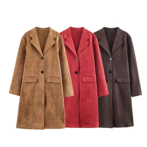 Imperméable Classique en Suédine pour Femme Col Tailleur Vintage Manches Longues Manteau Midi Double Bouton Automne Hiver