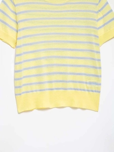 Detailed view of yellow and light blue horizontal striped short sleeve knit sweater