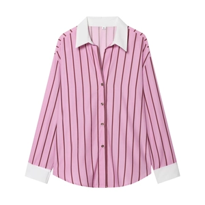 Relaxed fit pink and burgundy striped shirt with contrast white collar and cuffs