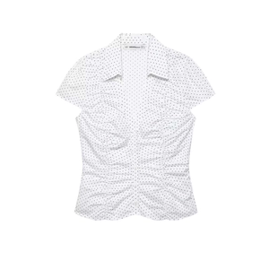 Short sleeve white polka dot shirt with ruched waist and lapel collar for women