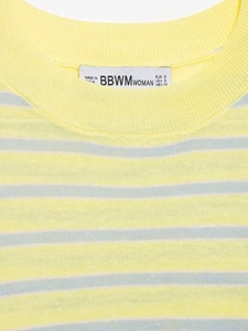 Detail of crew neck ribbing and sizing label on yellow and blue striped knit top