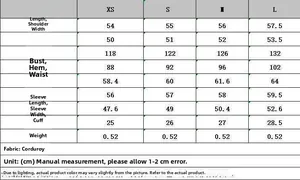 Size guide table for corduroy zip jacket and straight pants with measurements from XS to L