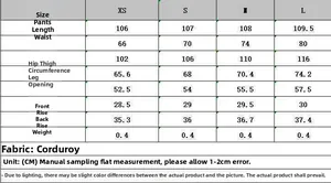 Detailed size chart for corduroy high waist straight trousers with measurements in cm
