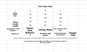 Detailed size chart and specifications for the long sleeve knit cardigan