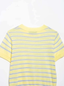 Close-up of a striped knit short sleeve top with a detailed yellow and grey woven texture