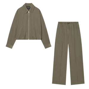 Olive green leisure jacket and high waist drawstring trousers set with front pleats
