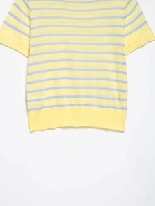 Detail of yellow and blue striped knit sweater with ribbed cuffs and hemline texture