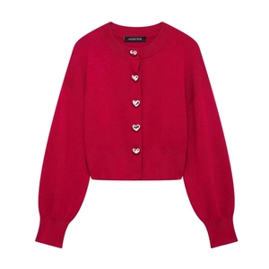 Red knit cardigan featuring stylish silver heart-shaped buttons and ribbed crewneck design