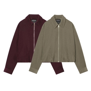Burgundy and olive green zip-up jackets with high-waist straight pants outfit set