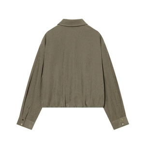 Back view of olive green cropped jacket with elastic hem and metallic button cuffs