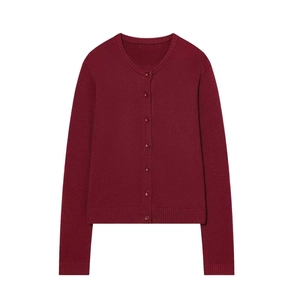 Classic burgundy knit cardigan with round neck and buttons on a white background