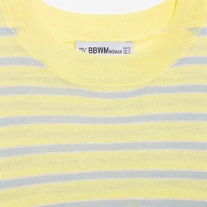 Summer loose knit sweater for women with thin yellow and light blue stripes and crew neck