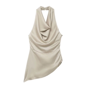 Elegant Champagne Satin Asymmetric Halter Neck Cowl Neck Sleeveless Top For Women Summer Fashion Casual Party Backless Blouse