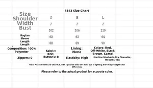 Detailed size guide for loose knit cardigan with dimensions in centimeters and material info