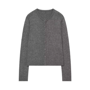 Classic dark grey crewneck knit cardigan with button-up front and ribbed cuffs and hem