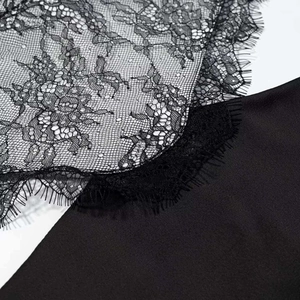 Slim fit backless black lace dress with floral embroidery and eyelash lace details