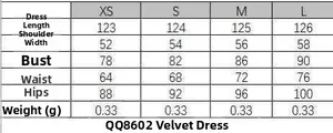 Tableau des tailles détaillé pour la robe midi en velours avec mesures de buste et taille