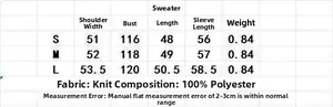 Size chart for knit zip-up cardigan showing dimensions in S, M, L for 100% polyester fabric