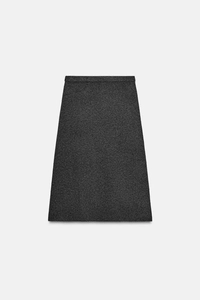 Detail view of high waist dark grey A-line skirt in premium wool-like textured fabric