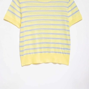 Short sleeve knitted top featuring yellow and blue stripes with a classic round neck design