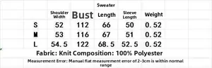 Detailed size guide table for women's V-neck jacquard sweater showing S, M, and L measurements