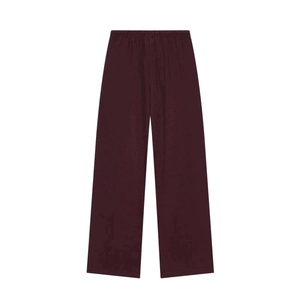 Detailed flat lay of high-waist straight-leg burgundy trousers with elastic waistband