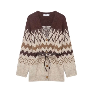 Women Retro Geometric Jacquard Knitted Cardigan V Neck Long Sleeve Button Up Sweater With Belt Office Casual Knitwear Top