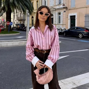 Women Long Sleeve Striped Shirt Contrast White Collar Cuffs Patchwork Casual Loose Blouse Office Lady Commuter Fashion Top