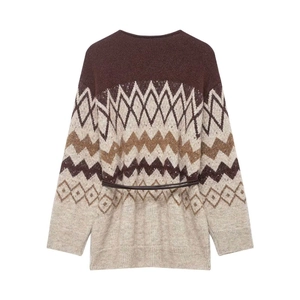 Retro geometric jacquard knit sweater with belt in brown tones seen from the back view