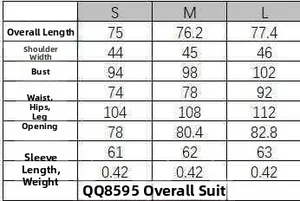 Size guide for V-neck jumpsuit suit showing S, M, L measurements in centimeters