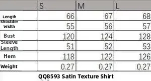 Detailed size chart for minimalist satin texture shirt with S M and L measurements