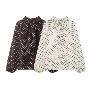 Women Vintage Polka Dot Chiffon Blouse Elegant Scarf Neck Tie Bow Long Sleeve Loose Pullover Top Office Lady Casual Shirt