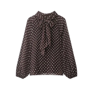 Elegant retro brown polka dot chiffon shirt with long sleeves and pussy-bow neck
