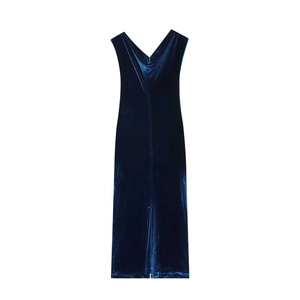 Robe midi élégante en velours bleu marine avec fente au dos et coupe sans manches