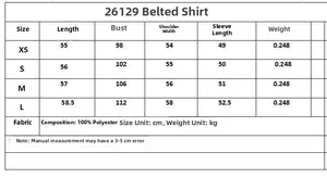 Detailed size chart for the satin shirt with belt showing XS to L dimensions in cm
