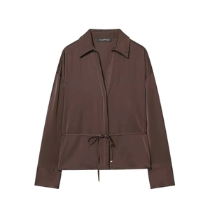 Women Elegant Satin Shirt Deep Brown Long Sleeve V-Neck Blouse With Waist Belt Minimalist Casual Office Chic Lady Tops