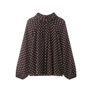 Vintage brown polka dot chiffon blouse with high neck ruffles and long lantern sleeves