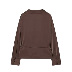 Back view of a glossy dark brown satin long-sleeve shirt with a stylish belted waistline