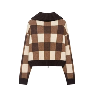 Back view of a cropped plaid knit cardigan with zipper and wide collar in brown and beige