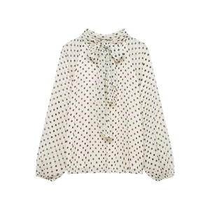 Vintage polka dot chiffon blouse for women featuring a high neck with a self-tie bow tie