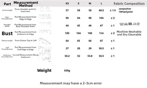Detailed size chart for black sequin jacket showing XS-L dimensions and 100% polyester fabric