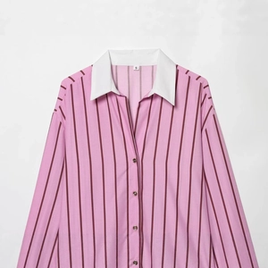 Relaxed fit pink vertical striped shirt with white contrast collar for women