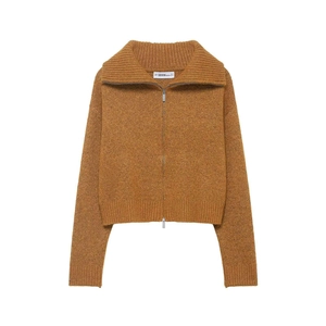 Brown vintage knitted zip-up cardigan with high neck collar and textured fabric detail