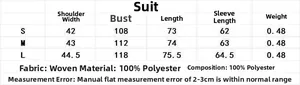 Detailed size chart for caramel brown blazer with measurements in S, M, and L