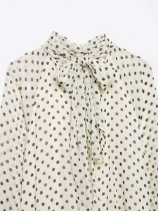 Detailed view of the retro polka dot chiffon blouse with elegant pussy-bow neck tie
